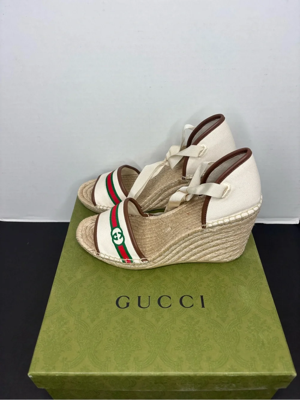 Gucci Cream Canvas Espadrille Wedges with Green and Red Stripe